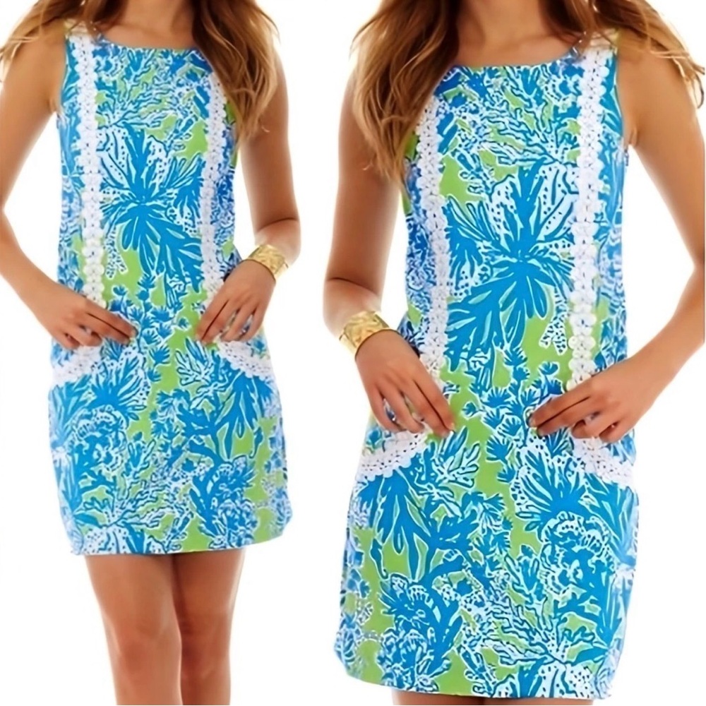 Lilly Pulitzer Casey Floral Shift Dress Lace Trim Size 2 Resort Summer